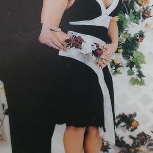 A.BYER Black & Cream Asymmetrical hem line Halter Tie Open Back  L